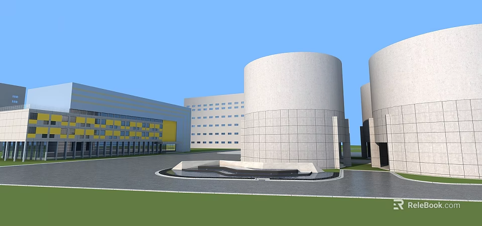 Industrial Factory Building Featuring Cylindrical Structures Multi Story Buildings Yellow Gray Exteriors And Spacious Area 3d model 