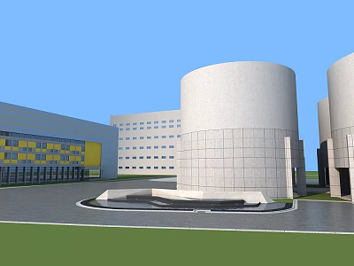 Industrial Factory Building Featuring Cylindrical Structures Multi Story Buildings Yellow Gray Exteriors And Spacious Area 3d model
