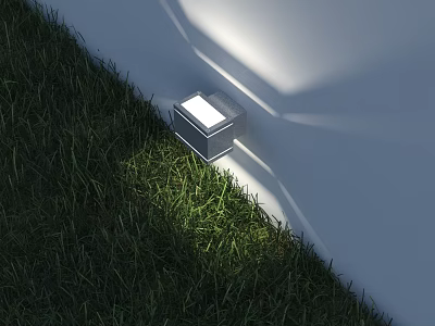Modern Square Outdoor Light Illuminating Green Grass And Wall In Garden Area 3d model