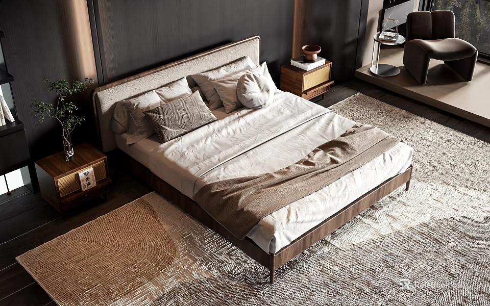 Double Bed With Upholstered Headboard Linen Sheets Gray Pillows Nightstands And Light Carpet 3d model 