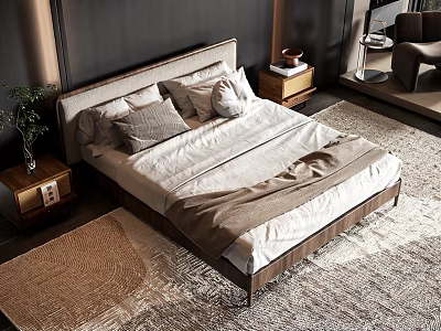 Double Bed With Upholstered Headboard Linen Sheets Gray Pillows Nightstands And Light Carpet 3d model