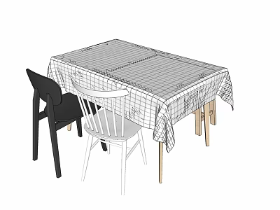 Modern Dining Table Set with Checkered Tablecloth Black White Chairs and Wooden Legs 3d model