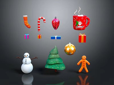 Christmas Decorative Ornament Set With Stocking Candy Cane Bauble Mug Snowman Tree Gingerbread Man 3d model