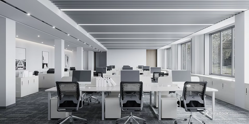 Modern Public Office Space With Open Layout Desks Computers And Large Windows 3d model