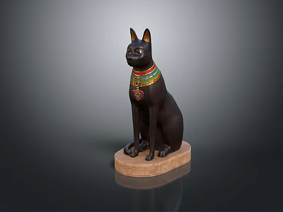 Egyptian Style Black Cat Statue With Colorful Collar On Stone Base 3d model