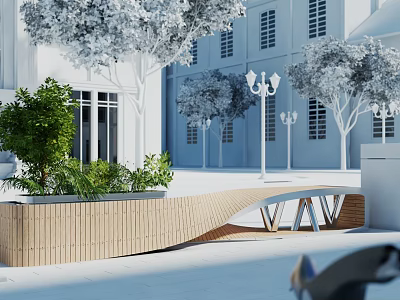 Modern Wooden Outdoor Chair With Green Plants White Building And Street Lamp 3d model