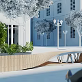 Modern Wooden Outdoor Chair With Green Plants White Building And Street Lamp
