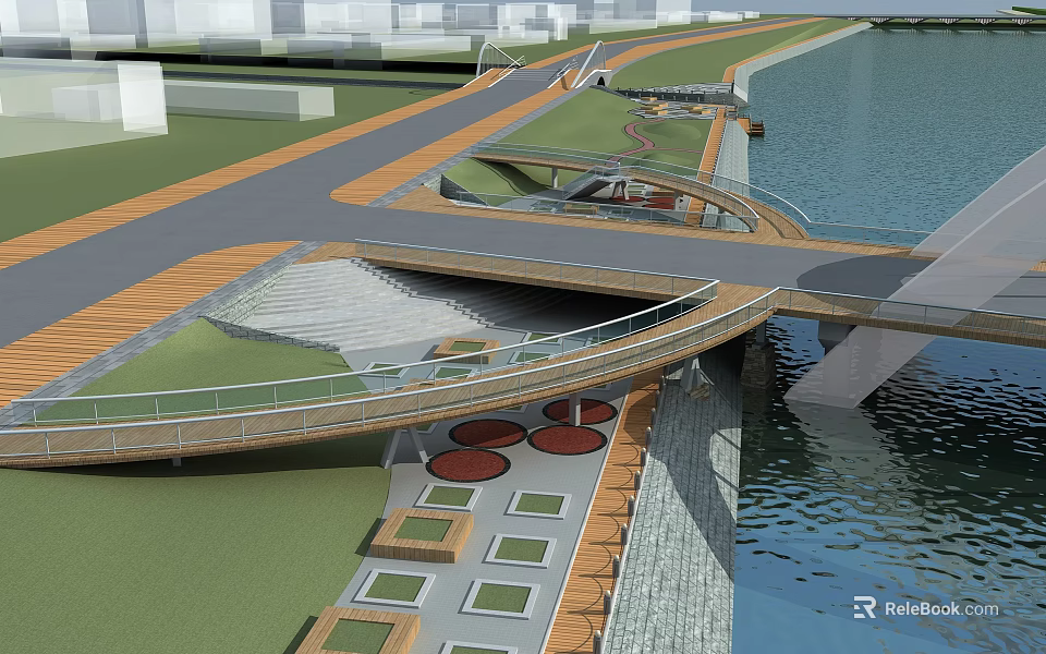 Waterfront Landscape Design Featuring Curved Wooden Bridge Walkway And Green Space 3d model 