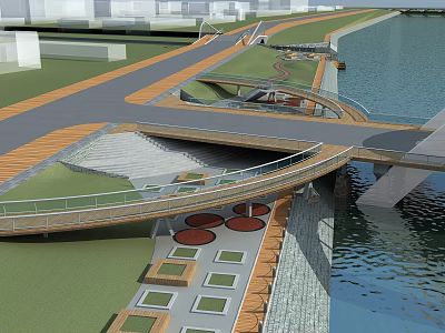 Waterfront Landscape Design Featuring Curved Wooden Bridge Walkway And Green Space 3d model