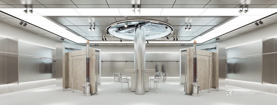 Modern Clothing Store Interior With Fitting Rooms Chairs And Central Column 3d model 