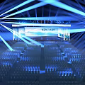 Modern Stage With Blue Lighting Large Screen Landscape Backdrop Steps And Audience Seats 3d model