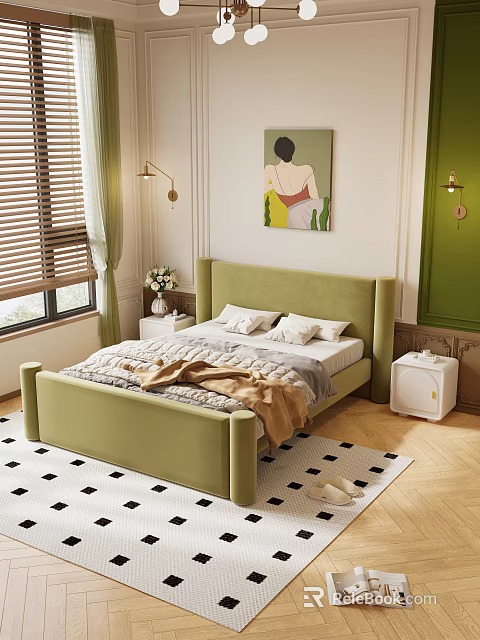 Green Bedroom With Upholstered Headboard Quilt Pillows Window Blinds Wall Art Nightstand And Checkered Rug 3d model 