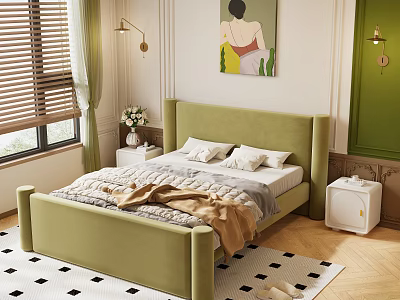 Green Bedroom With Upholstered Headboard Quilt Pillows Window Blinds Wall Art Nightstand And Checkered Rug 3d model