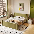 Green Bedroom With Upholstered Headboard Quilt Pillows Window Blinds Wall Art Nightstand And Checkered Rug
