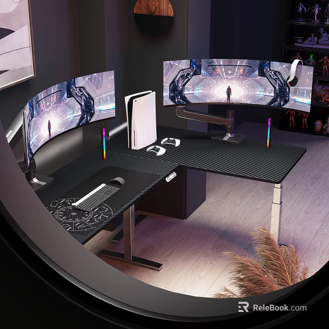 Gaming Setup with Dual Curved Monitors RGB Keyboard and Ergonomic Desk 3d model 