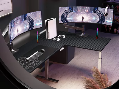 Gaming Setup with Dual Curved Monitors RGB Keyboard and Ergonomic Desk 3d model