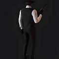 Man Wearing White Checkered Shirt Red Tie Dark Plaid Vest And Black Gloves Holding Shotgun