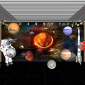 Space Exhibition Scene With Astronaut Planets Sun Rocket And Chinese Flag