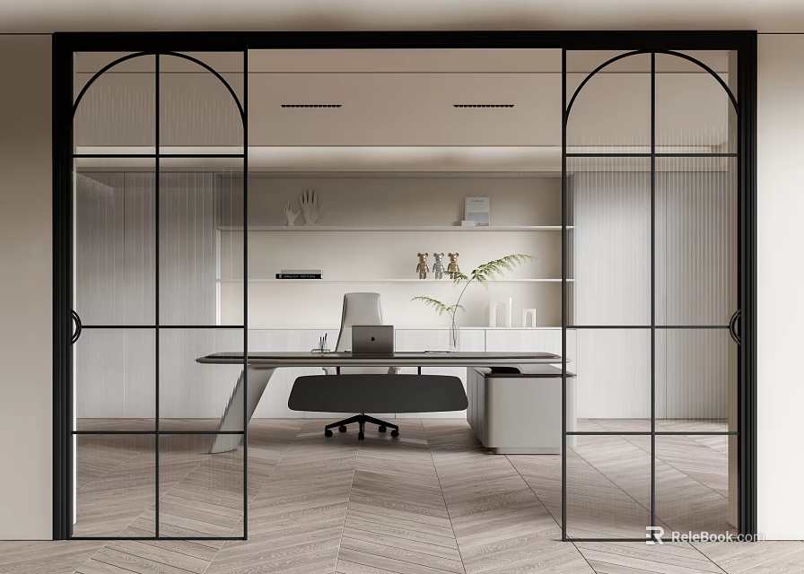 Glass Sliding Doors With Black Frame In Modern Office Interior With Desk Bookshelves And Chair 3d model 