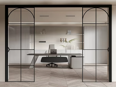 Glass Sliding Doors With Black Frame In Modern Office Interior With Desk Bookshelves And Chair 3d model