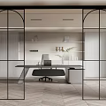 Glass Sliding Doors With Black Frame In Modern Office Interior With Desk Bookshelves And Chair