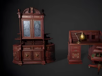 Vintage Mahogany Cabinet With Carved Details Glass Doors And Matching Desk 3d model
