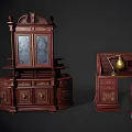 Vintage Mahogany Cabinet With Carved Details Glass Doors And Matching Desk