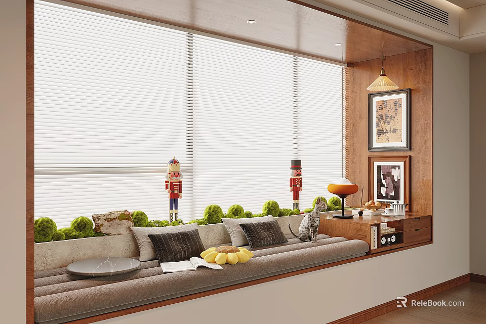 Cozy Bay Window Interior With Blinds Bench Cushions Nutcracker Figures Green Plants 3d model