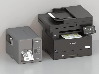 Office Appliances Featuring Brother Label Printer And Canon Multifunction Printer With Printed Labels And Documents 3d model