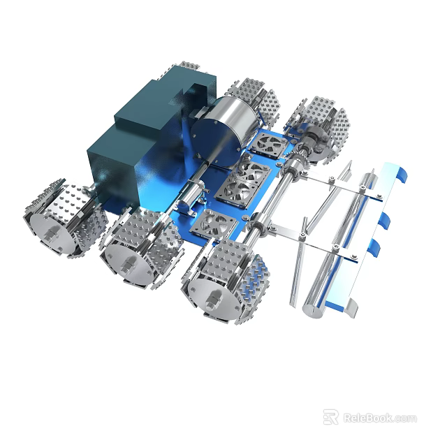 Innovative Mechanical Device Featuring Metallic Wheels Blue Components Silver Structure And Robotic Arms 3d model
