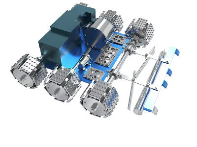 Innovative Mechanical Device Featuring Metallic Wheels Blue Components Silver Structure And Robotic Arms 3d model