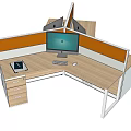 Modern Partitioned Office Desk With Computer Monitor Keyboard Mouse Drawers And Orange Partitions