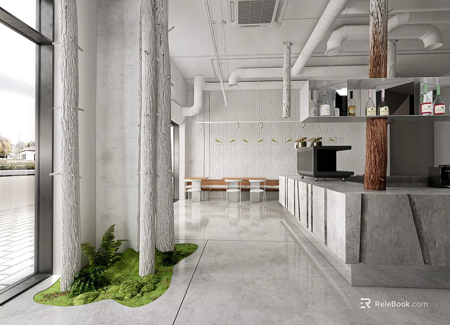 Concrete Themed Café Interior With Tree Trunks Green Grass And Open Counter Design 3d model 