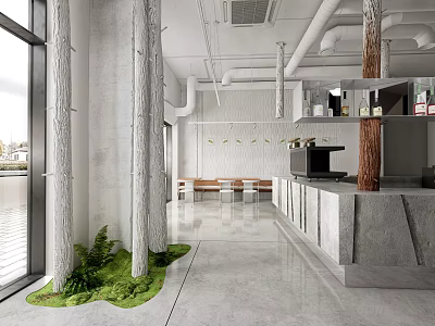 Concrete Themed Café Interior With Tree Trunks Green Grass And Open Counter Design 3d model
