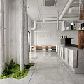 Concrete Themed Café Interior With Tree Trunks Green Grass And Open Counter Design