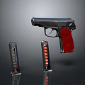 Black Pistol With Red Grip And Two Magazines Featuring Visible Bullets On Reflective Surface 3d model