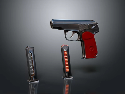 Black Pistol With Red Grip And Two Magazines Featuring Visible Bullets On Reflective Surface 3d model