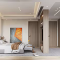 Modern Bedroom Interior Design With Comfortable Bed Bench Rug And Abstract Wall Art 3d model