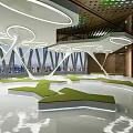 Futuristic Interior Space Design With Geometric Green Seats LED Lights And Large Screen