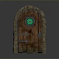 Wooden Arched Door With Stone Frame Green Glass Window And Metal Latch