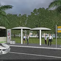 Urban Garden Landscape Design With Bus Stop Shelter Palm Trees Green Lawn And Waiting Area
