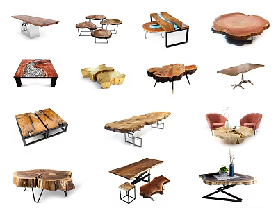 Various Wooden Coffee Tables With Unique Shapes And Modern Metal Frames Design 3d model