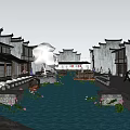 Traditional Chinese Commercial Landscape With White Walls Black Tiles Water Pond Green Plants And Pedestrians