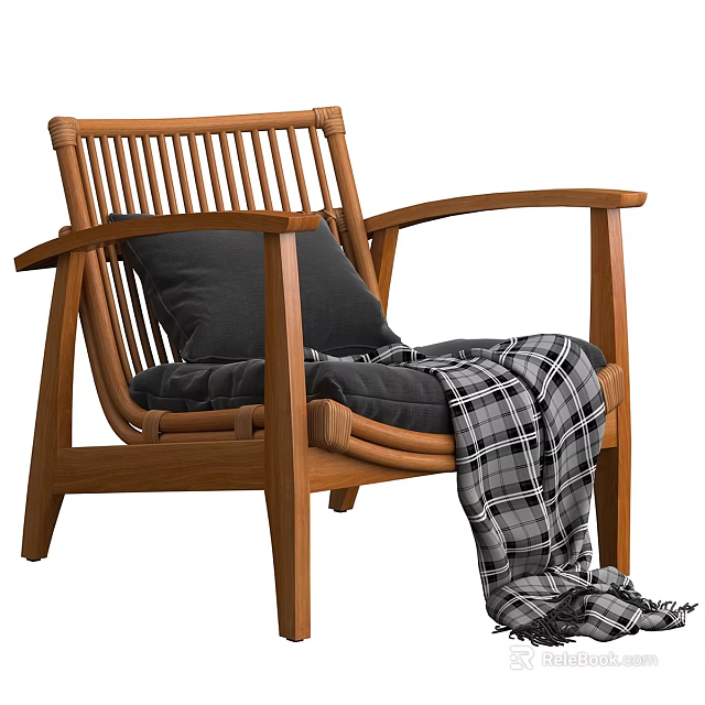 Wooden Leisure Chair with Slatted Back Black Cushion and Plaid Blanket 3d model 