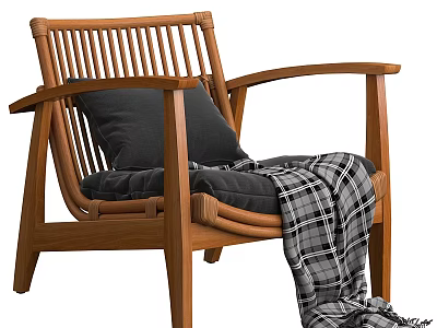 Wooden Leisure Chair with Slatted Back Black Cushion and Plaid Blanket 3d model