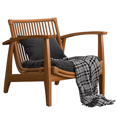Wooden Leisure Chair with Slatted Back Black Cushion and Plaid Blanket 3d model