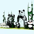 Panda Photo Spot With Wireframe Sculptures And Green Bamboo Leaves Decor