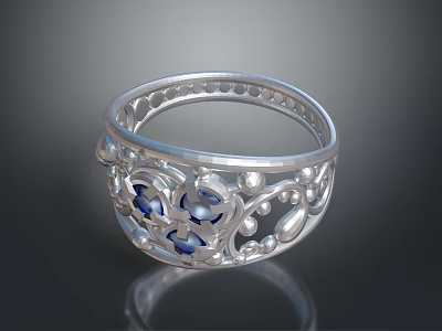 Exquisite Silver Ring Featuring Detailed Filigree Patterns Blue Gemstones And Beaded Edges 3d model