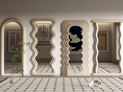 Decorative Mirrors With Various Shapes In Modern Interior With Plant Decor 3d model