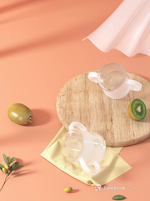 Glass Cups And Kiwis On Wooden Tray With Light Yellow Cloth And Peach Background 3d model 